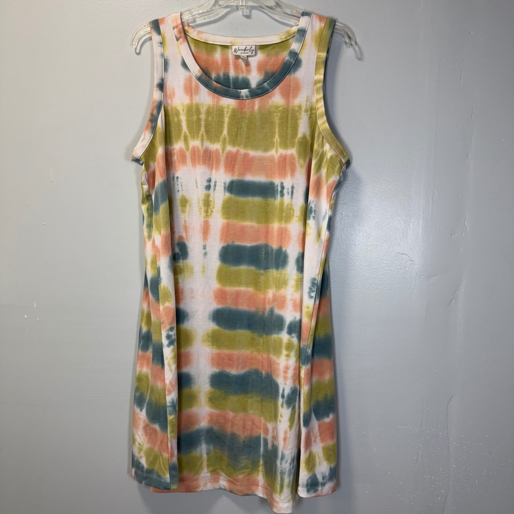Wonderly Studio Womens XL Tie Dye Sleeveless Shift Dress Multi Color Knit Casual